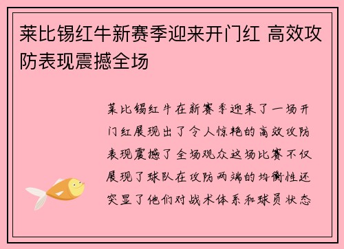 莱比锡红牛新赛季迎来开门红 高效攻防表现震撼全场