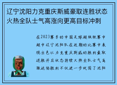 辽宁沈阳力克重庆斯威豪取连胜状态火热全队士气高涨向更高目标冲刺