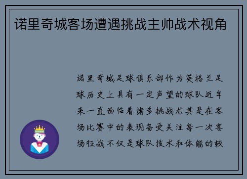 诺里奇城客场遭遇挑战主帅战术视角
