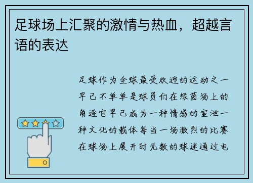 足球场上汇聚的激情与热血，超越言语的表达