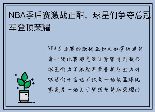 NBA季后赛激战正酣，球星们争夺总冠军登顶荣耀