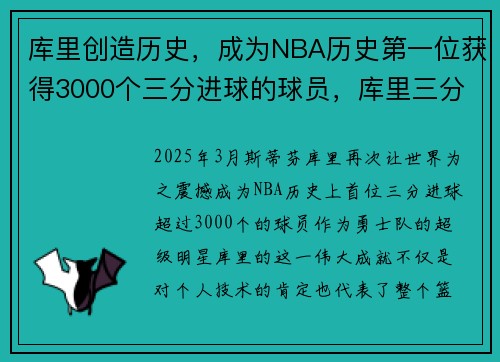 库里创造历史，成为NBA历史第一位获得3000个三分进球的球员，库里三分总进球数