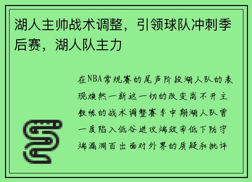 湖人主帅战术调整，引领球队冲刺季后赛，湖人队主力
