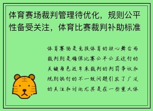 体育赛场裁判管理待优化，规则公平性备受关注，体育比赛裁判补助标准