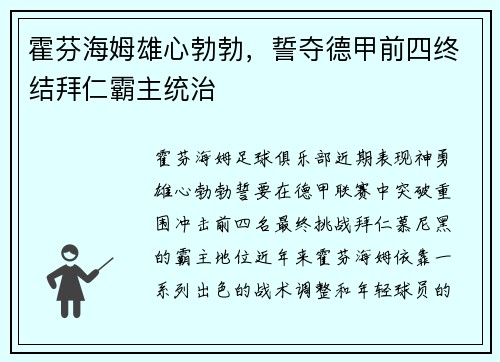 霍芬海姆雄心勃勃，誓夺德甲前四终结拜仁霸主统治