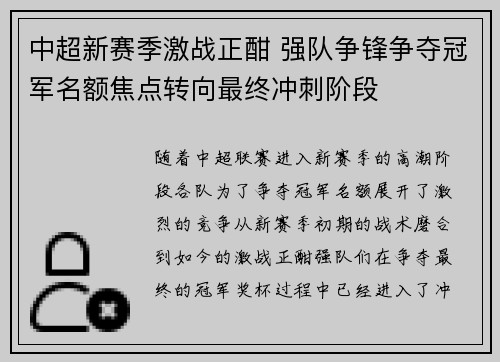 中超新赛季激战正酣 强队争锋争夺冠军名额焦点转向最终冲刺阶段